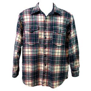 Vtg Pendleton Mens Shirt Outdoorsman 100% Wool Cream Green Plaid Sz L Flaw